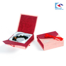 Wholesale red color rigid cover cardboard jewelry boxes with ribbon and foam inlay